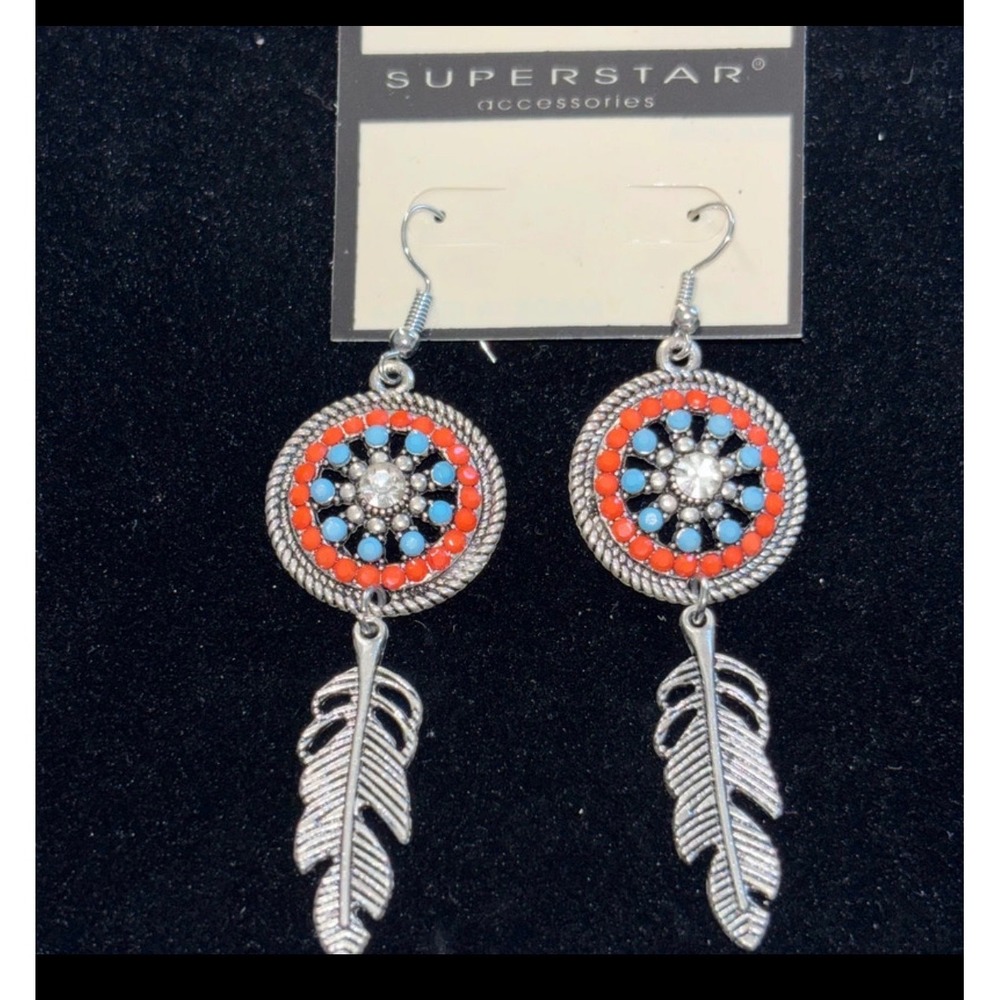 Superstar Dreamcatcher Feather Dangle Earrings Womens Silver Tone Blue Red Boho